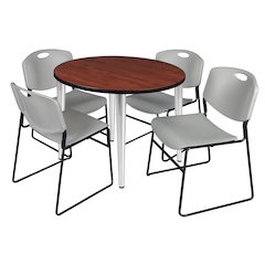 36 Round Breakroom Table- Cherry Top, Chrome Base & 4 Zeng Stack Chairs- Grey