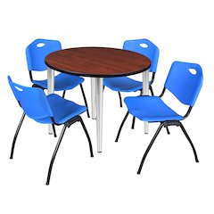 36 in. Round Breakroom Table- Cherry Top, Chrome Base & 4 M Stack Chairs- Blue