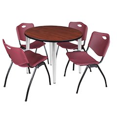 36 Round Breakroom Table- Cherry Top, Chrome Base & 4 M Stack Chairs- Burgundy