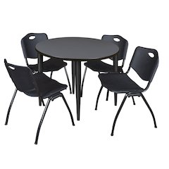 36 in. Round Breakroom Table- Grey Top, Black Base & 4 M Stack Chairs- Black