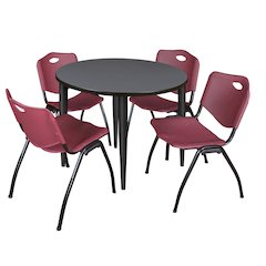 36 in. Round Breakroom Table- Grey Top, Black Base & 4 M Stack Chairs- Burgundy