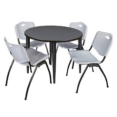 36 in. Round Breakroom Table- Grey Top, Black Base & 4 M Stack Chairs- Grey