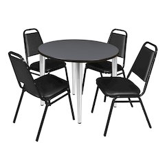 36 Round Breakroom Table- Grey Top, Chrome Base & 4 Stack Chairs- Black