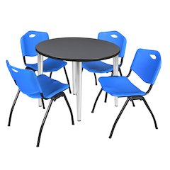 36 in. Round Breakroom Table- Grey Top, Chrome Base & 4 M Stack Chairs- Blue