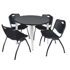 36 in. Round Breakroom Table- Grey Top, Chrome Base & 4 M Stack Chairs- Black