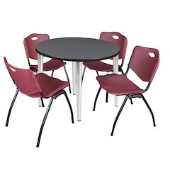 36 in. Round Breakroom Table- Grey Top, Chrome Base & 4 M Stack Chairs- Burgundy
