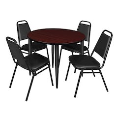 36 Round Breakroom Table- Mahogany Top, Black Base & 4 Stack Chairs- Black