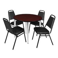 36 Round Breakroom Table- Mahogany Top, Chrome Base & 4 Stack Chairs- Black