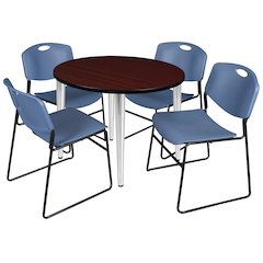 36 Round Breakroom Table- Mahogany Top, Chrome Base & 4 Zeng Stack Chairs- Blue