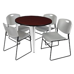 36 Round Breakroom Table- Mahogany Top, Chrome Base & 4 Zeng Stack Chairs- Grey