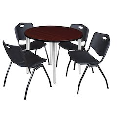 36 Round Breakroom Table- Mahogany Top, Chrome Base & 4 M Stack Chairs- Black