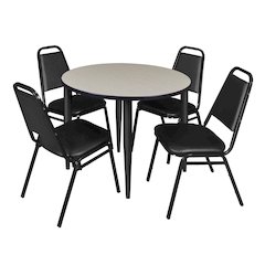 36 Round Breakroom Table- Maple Top, Black Base & 4 Stack Chairs- Black