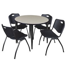36 in. Round Breakroom Table- Maple Top, Black Base & 4 M Stack Chairs- Black