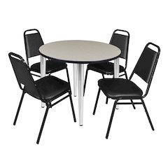 36 Round Breakroom Table- Maple Top, Chrome Base & 4 Stack Chairs- Black