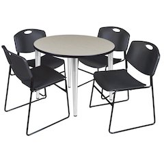 36 Round Breakroom Table- Maple Top, Chrome Base & 4 Zeng Stack Chairs- Black