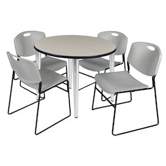 36 in. Round Breakroom Table- Maple Top, Chrome Base & 4 Zeng Stack Chairs- Grey