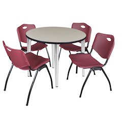 36 Round Breakroom Table- Maple Top, Chrome Base & 4 M Stack Chairs- Burgundy