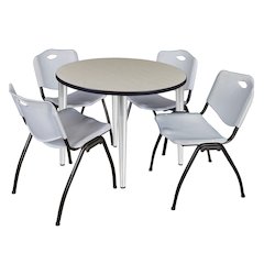 36 in. Round Breakroom Table- Maple Top, Chrome Base & 4 M Stack Chairs- Grey