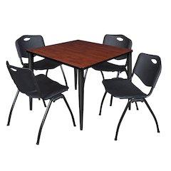 42 in. Square Breakroom Table- Cherry Top, Black Base & 4 M Stack Chairs- Black