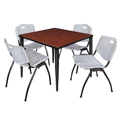 42 in. Square Breakroom Table- Cherry Top, Black Base & 4 M Stack Chairs- Grey