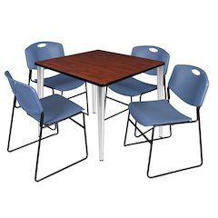 42 Square Breakroom Table- Cherry Top, Chrome Base & 4 Zeng Stack Chairs- Blue