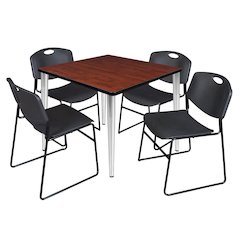 42 Square Breakroom Table- Cherry Top, Chrome Base & 4 Zeng Stack Chairs- Black