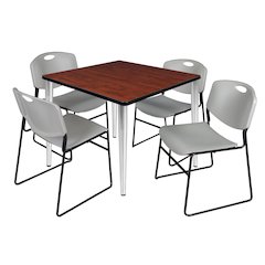 42 Square Breakroom Table- Cherry Top, Chrome Base & 4 Zeng Stack Chairs- Grey