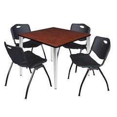 42 in. Square Breakroom Table- Cherry Top, Chrome Base & 4 M Stack Chairs- Black