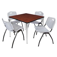 42 in. Square Breakroom Table- Cherry Top, Chrome Base & 4 M Stack Chairs- Grey