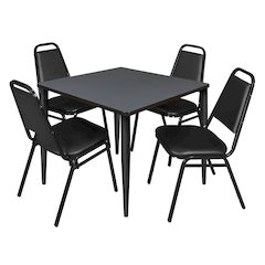 42 Square Breakroom Table- Grey Top, Black Base & 4 Stack Chairs- Black
