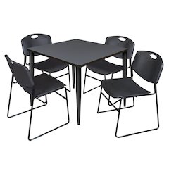 42 in. Square Breakroom Table- Grey Top, Black Base & 4 Zeng Stack Chairs- Black