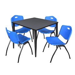 42 in. Square Breakroom Table- Grey Top, Black Base & 4 M Stack Chairs- Blue