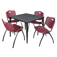 42 in. Square Breakroom Table- Grey Top, Black Base & 4 M Stack Chairs- Burgundy