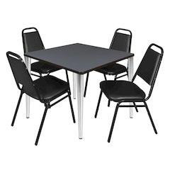 42 Square Breakroom Table- Grey Top, Chrome Base & 4 Stack Chairs- Black