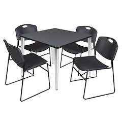 42 Square Breakroom Table- Grey Top, Chrome Base & 4 Zeng Stack Chairs- Black