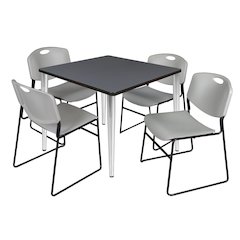 42 in. Square Breakroom Table- Grey Top, Chrome Base & 4 Zeng Stack Chairs- Grey