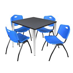 42 in. Square Breakroom Table- Grey Top, Chrome Base & 4 M Stack Chairs- Blue