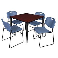 42 Square Breakroom Table- Mahogany Top, Black Base & 4 Zeng Stack Chairs- Blue