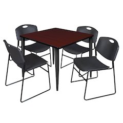 42 Square Breakroom Table- Mahogany Top, Black Base & 4 Zeng Stack Chairs- Black