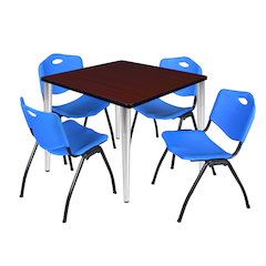 42 in. Square Breakroom Table- Mahogany Top, Black Base & 4 M Stack Chairs- Blue