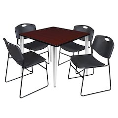42 Square Breakroom Table- Mahogany Top, Chrome Base & 4 Stack Chairs- Black