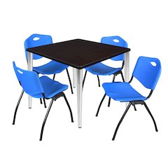 42 Square Breakroom Table- Mahogany Top, Chrome Base & 4 M Stack Chairs- Blue