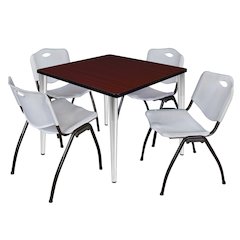 42 Square Breakroom Table- Mahogany Top, Chrome Base & 4 M Stack Chairs- Grey