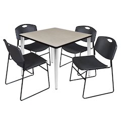 42 Square Breakroom Table- Maple Top, Chrome Base & 4 Zeng Stack Chairs- Black