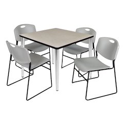 42 Square Breakroom Table- Maple Top, Chrome Base & 4 Zeng Stack Chairs- Grey