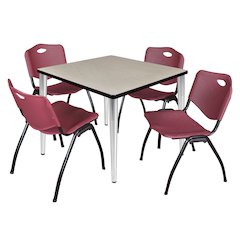 42 Square Breakroom Table- Maple Top, Chrome Base & 4 M Stack Chairs- Burgundy