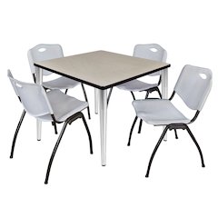 42 in. Square Breakroom Table- Maple Top, Chrome Base & 4 M Stack Chairs- Grey