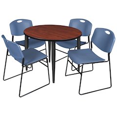 42 in. Round Breakroom Table- Cherry Top, Black Base & 4 Zeng Stack Chairs- Blue