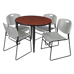 42 in. Round Breakroom Table- Cherry Top, Black Base & 4 Zeng Stack Chairs- Grey
