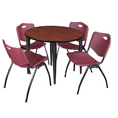 42 Round Breakroom Table- Cherry Top, Black Base & 4 M Stack Chairs- Burgundy